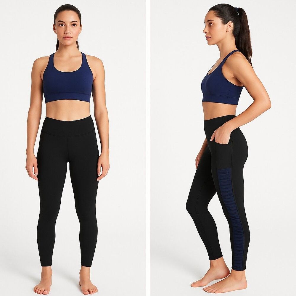 Athleta Salutation 7/8 Small Black Navy Mesh Cutout Leggings w/ Pockets